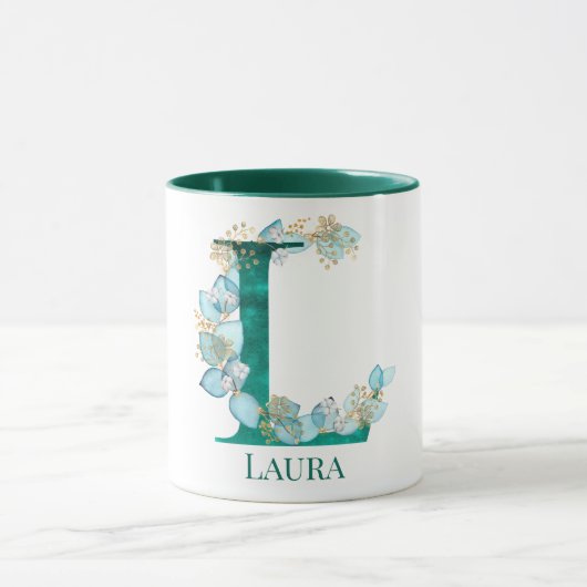 Waterverf Blauwgroen en Gouden Monogram Letter L Mok (Midden)