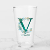 Waterverf Blauwgroen en Gouden Monogram Letter V Glas (Voorkant)