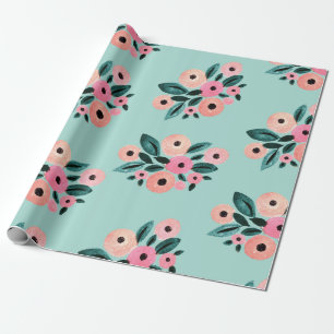 Waterverf Blauwgroen en roze Floral Cadeaupapier