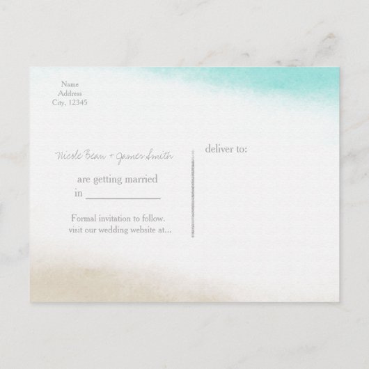 Waterverf Blauwgroen en Tan Beach bruiloft opslaan Aankondigingskaart (Achterkant)