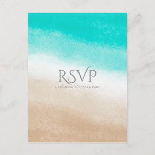 Waterverf Blauwgroen en Tan Elegant Beach Wedding  Uitnodiging Briefkaart