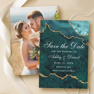 Waterverf Blauwgroen Gold Marble Agate Geode Foto Save The Date