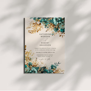 Waterverf Blauwgroen Goud Bloemen Bruiloft Kaart