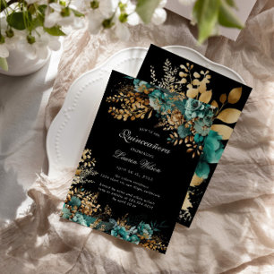 Waterverf Blauwgroen Gouden Bloemen Quinceanera Kaart