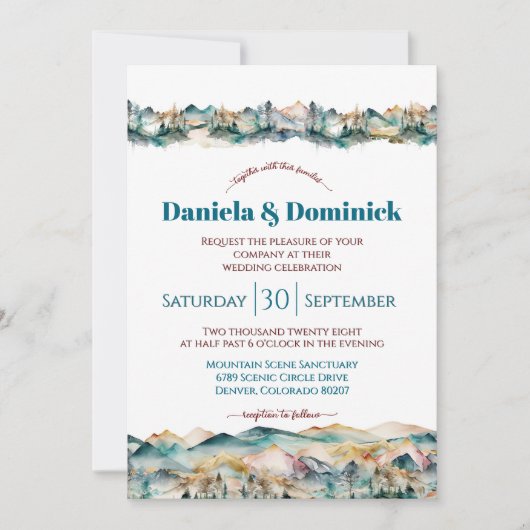 Waterverf Blauwgroen Oranje Mountain Wedding Invit Kaart (Voorkant)