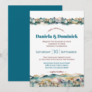 Waterverf Blauwgroen Oranje Mountain Wedding Invit Kaart