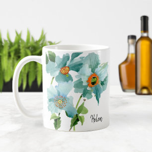 💦 Waterverf Blauwgroen papaver naam of monogram Koffiemok