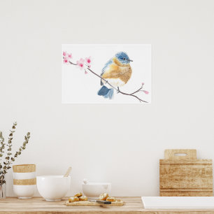 Waterverf blauwvogel op een kersenbloesemtak poster