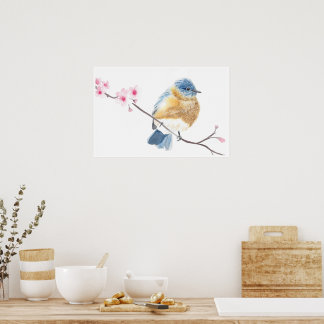 Waterverf blauwvogel op een kersenbloesemtak poster