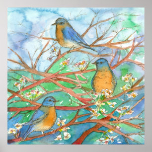 Waterverf Blauwvogels Blossom fruitbomen schildere Poster