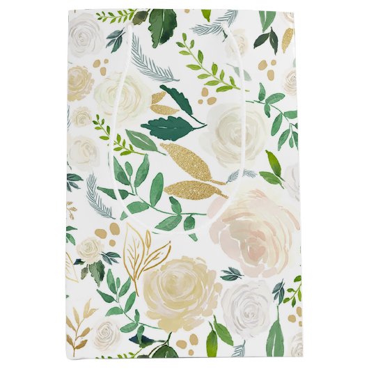 Waterverf Bleke pioenen en gouden glitter bladeren Medium Cadeauzakje (Voorkant)