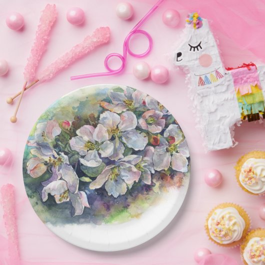 Waterverf bloeiende appelboom huwelijksbloem papieren bordje (Feest)