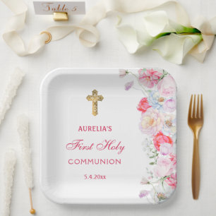 Waterverf bloeit eerste communie papieren bordje