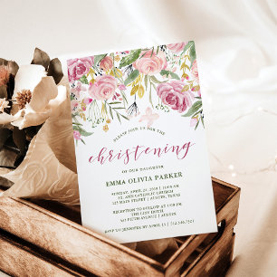 Waterverf Bloeit Roze En Gouden Bloemen Doopsel Kaart