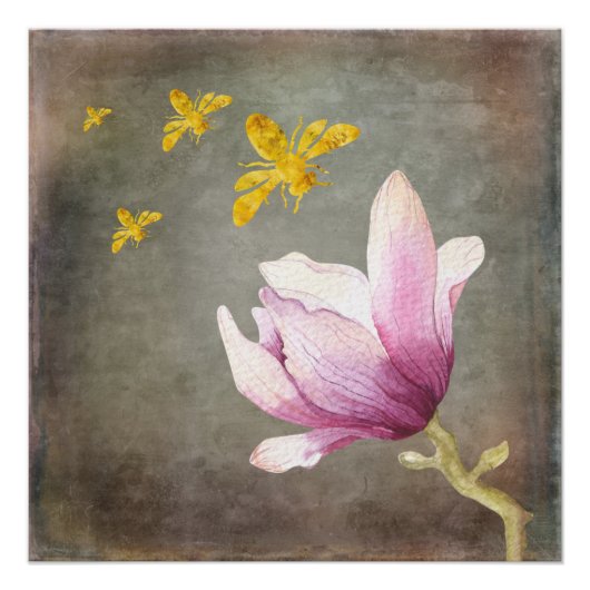 Waterverf Bloem- en goudbijen Perfect Poster (Voorkant)