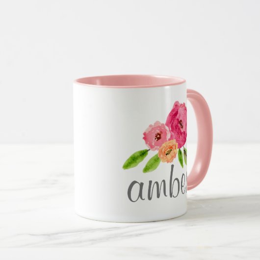 Waterverf Bloem Gepersonaliseerde Naam Girly Monog Mok (Voorkant rechts)