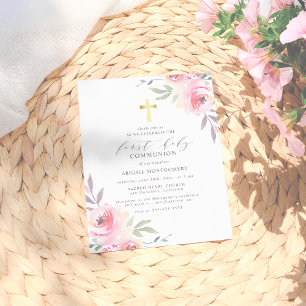 Waterverf Bloem Gouden Kruis Eerste Heilige Commun Uitnodiging Briefkaart