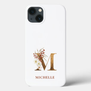 Waterverf Bloem & Gouden Letter M Monogram iPhone 13 Hoesje