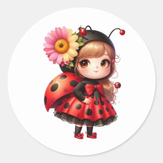 Waterverf Bloem Ladybug Meisje Ronde Sticker (Voorkant)