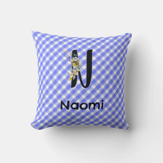 Waterverf bloem Monogram geruit blauw patroon Kussen