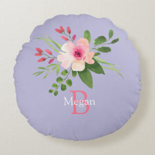 Waterverf Bloem, Naam & Monogram op Lavendel Rond Kussen