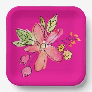 Waterverf Bloem Neon Roze Papieren Bordje