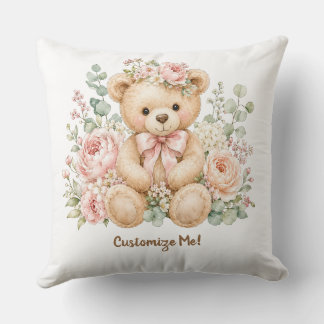 Waterverf Bloem Teddybeer Aangepaste Naam Kussen