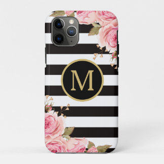 Waterverf Bloem Zwart en Witte Strepen Monogram iPhone 11 Pro Hoesje