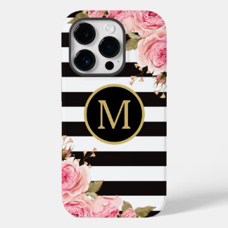 Waterverf Bloem Zwart en Witte Strepen Monogram Case-Mate iPhone 14 Pro Hoesje
