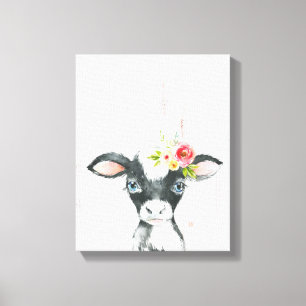 Waterverf Bloem Zwart & Witte Koe Kunst Canvas Afdruk