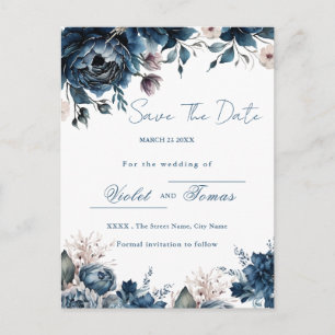 Waterverf bloemboeket navyblauw Save The Date Briefkaart
