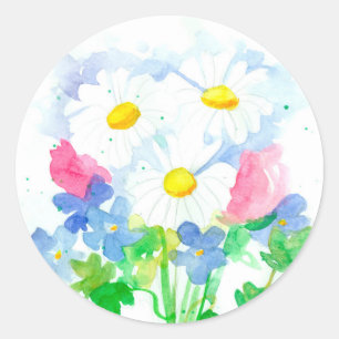 Waterverf Bloemboeket Shasta Daisy Ronde Sticker