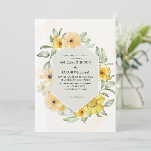 Waterverf Bloemboter Gele Sage Groene bruiloft Kaart (Staand voorkant)