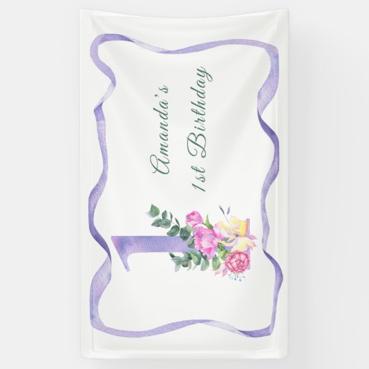 Waterverf Bloemen 1e verjaardagsfeest Spandoek (Verticaal)