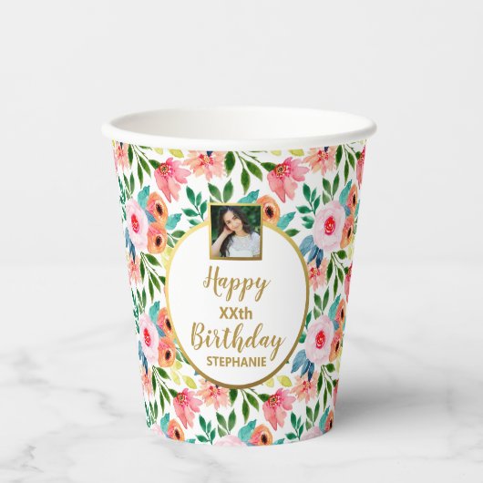 Waterverf bloemen Aangepaste foto Maandag Papieren Bekers (Voorkant)