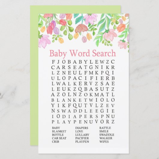 Waterverf bloemen Baby shower Word Search Game (Voorkant / Achterkant)