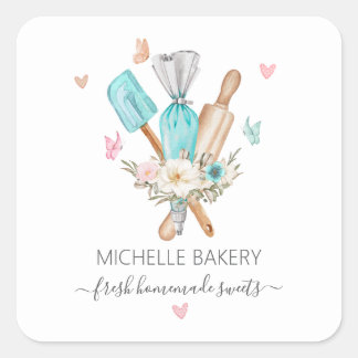 Waterverf Bloemen Bakken gebruiksvoorwerpen bakker Vierkante Sticker