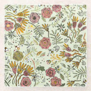 Waterverf Bloemen Bijen Elegant Modern Glazen Onderzetter