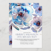 Waterverf Bloemen Blauw Boho Verjaardagsfeest Kaart (Voorkant / Achterkant)