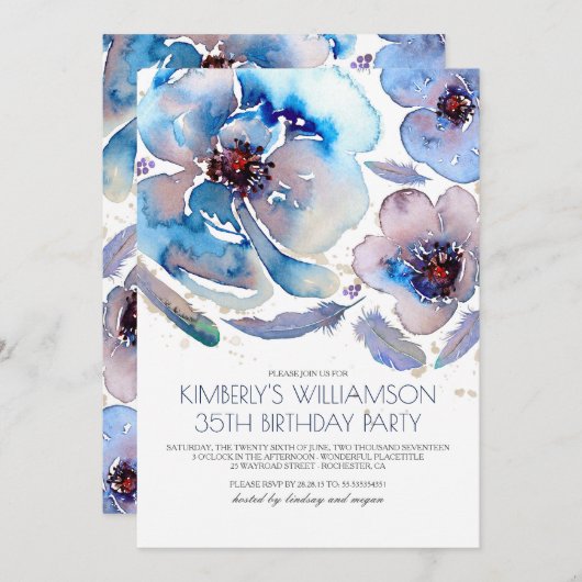 Waterverf Bloemen Blauw Boho Verjaardagsfeest Kaart (Voorkant / Achterkant)