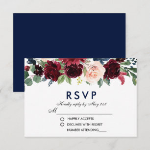 Waterverf Bloemen Blauw Bourgondië Bruiloft RSVP B Kaartje