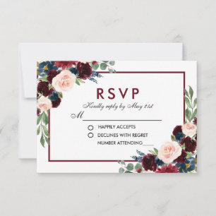 Waterverf Bloemen Blauw Bourgondië Bruiloft RSVP Kaartje