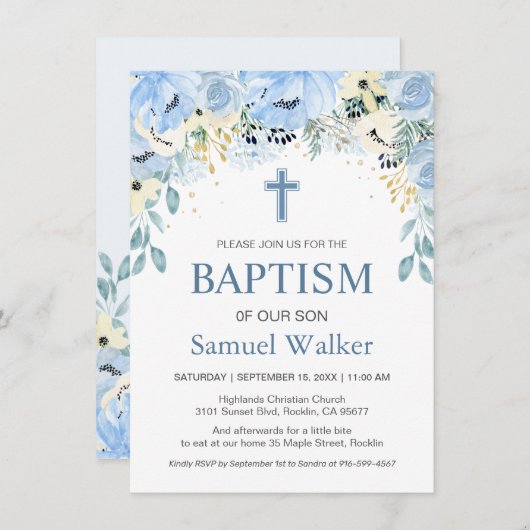 Waterverf Bloemen Blauwe Jongen Doop Uitnodiging (Voorkant / Achterkant)