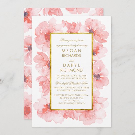 Waterverf Bloemen Blush en Goud Engagement Party Kaart (Voorkant / Achterkant)