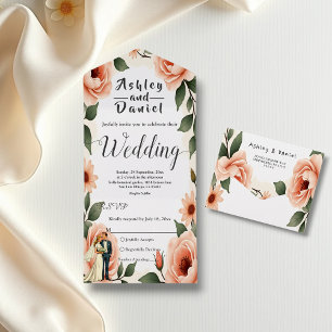 Waterverf Bloemen Blush Roze Bruid & Bruidegom Huw All In One Uitnodiging
