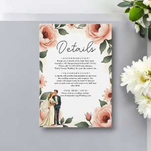 Waterverf Bloemen Blush Roze Bruid & Bruidegom Huw Informatiekaartje