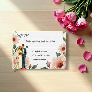 Waterverf Bloemen Blush Roze Bruid & Bruidegom Huw RSVP Kaartje