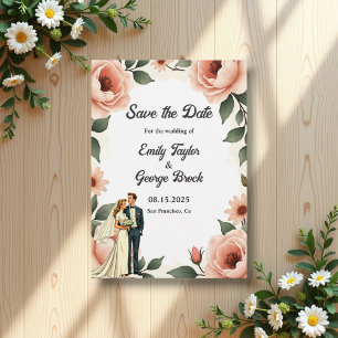 Waterverf Bloemen Blush Roze Bruid & Bruidegom Huw Save The Date