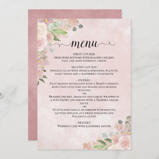 Waterverf Bloemen Blush Roze & Mauve Bruiloft Menu (Voorkant / Achterkant)
