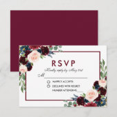 Waterverf Bloemen Bourgogne Blauw Bruiloft RSVP (Voorkant / Achterkant)
